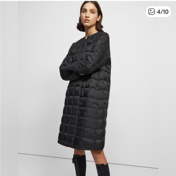 Theory Black Puffer Jacket with large detachable scarf. - Picture 4 of 14